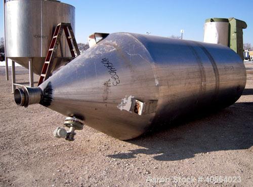 Used Tank, 850 Gallon, 304 Stainless Steel, Vertical. 49" diameter x 102" straight side. Dish top, cone bottom. Openings: top 2" tri-clamp, 2 3/8" tri-clamp; side (2) 3", 4", 4" sight glass; 5 3/4" c...
