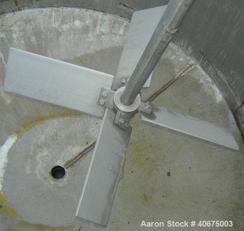 Used Tank, 700 gallon, 304 stainless steel, vertical. 58" diameter x 60" straight side. Open top, no cover, coned bottom. Off center bolt on carbon steel agitator bridge with a Chemineer agitator, mo...