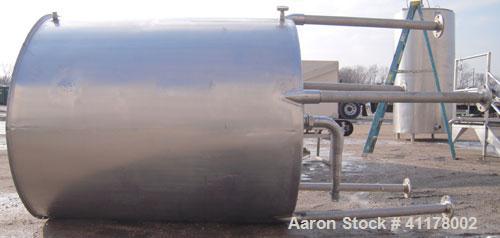 Used Tank, 600 Gallon, 304 Stainless Steel, Vertical. 54" diameter x 60" straight side. Open top with 1 piece hinged cover, slight dish bottom. 3-1/2" NPT center bottom outlet. Mounted on 5 stainless...