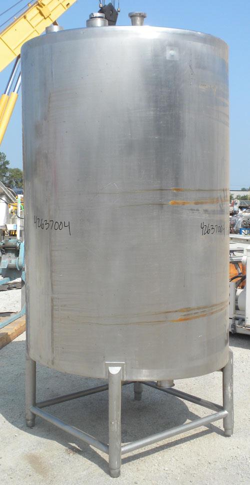 Used Tank, 825 Gallon, 304 Stainless Steel, Vertical. Approximately 55-1/2" diameter x 80" straight side, flat top, sloped bottom. Openings top 1-1/2" tri-clamp, (2) 3" tri-clamp, (2) 3", (2) 4-1/2",...