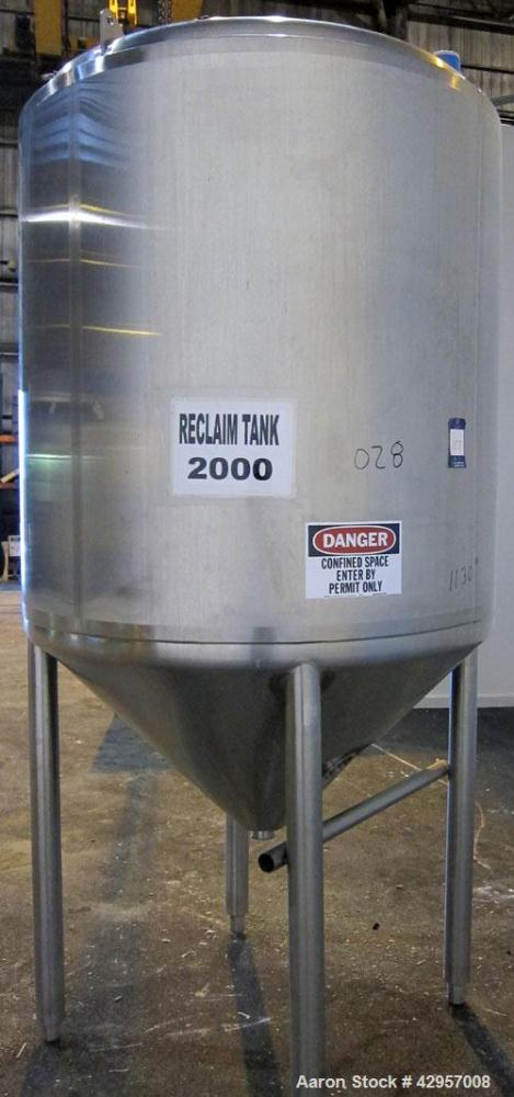 Used Tank, 500 Gallon, 316 Stainless Steel, Vertical. 52" Diameter x 55" straight side, dished top, coned bottom. Insulated with stainless steel sheathing. (2) Spray balls. Openings top 18" man way w...