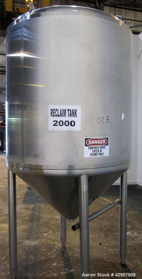 Used Tank, 500 Gallon, 316 Stainless Steel, Vertical. 52" Diameter x 55" straight side, dished top, coned bottom. Insulated with stainless steel sheathing. (2) Spray balls. Openings top 18" man way w...