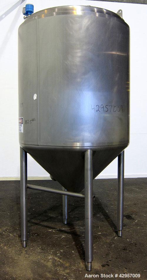 Used Tank, 500 Gallon, 316 Stainless Steel, Vertical. Dish top, insulated coned bottom. (2) Spray balls. Openings top 18" man way with cover, (3) 3" tri-clamp, (2) 2-1/2” tri-clamp, side 2” tri-clamp...