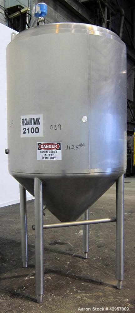 Used Tank, 500 Gallon, 316 Stainless Steel, Vertical. Dish top, insulated coned bottom. (2) Spray balls. Openings top 18" man way with cover, (3) 3" tri-clamp, (2) 2-1/2” tri-clamp, side 2” tri-clamp...