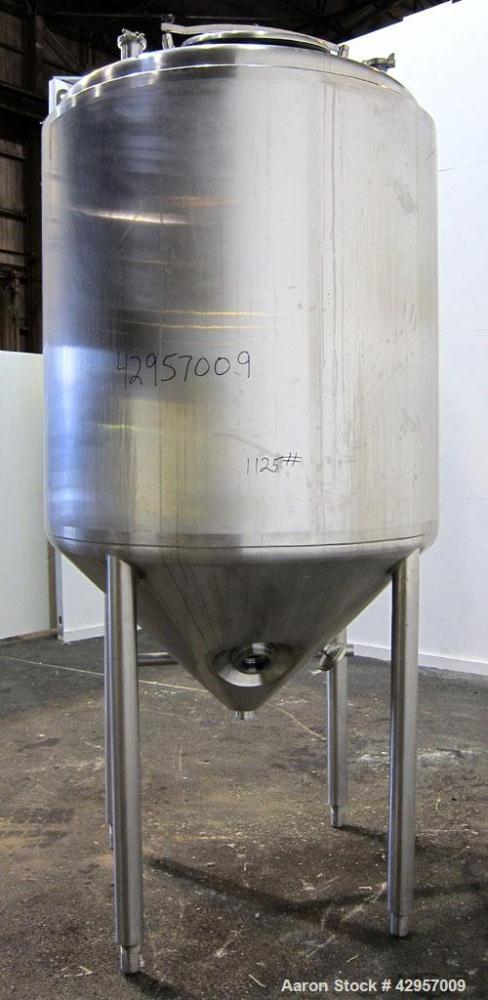 Used Tank, 500 Gallon, 316 Stainless Steel, Vertical. Dish top, insulated coned bottom. (2) Spray balls. Openings top 18" man way with cover, (3) 3" tri-clamp, (2) 2-1/2” tri-clamp, side 2” tri-clamp...