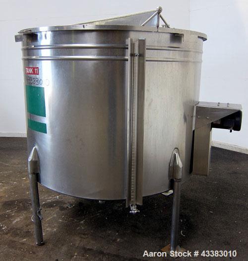 Used Tank, 580 Gallon, 304 Stainless Steel, Vertical. Approximate 62” diameter x 45” straight side, flat top with a bolt on cover with a 1/3 hinged opening, sloped bottom. Side bottom entering agitat...