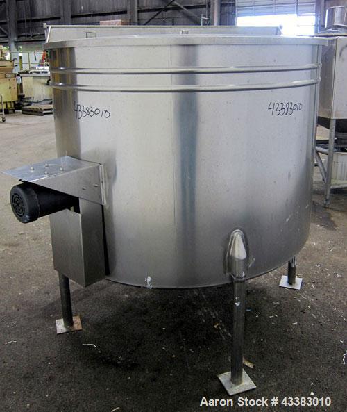 Used Tank, 580 Gallon, 304 Stainless Steel, Vertical. Approximate 62” diameter x 45” straight side, flat top with a bolt on cover with a 1/3 hinged opening, sloped bottom. Side bottom entering agitat...
