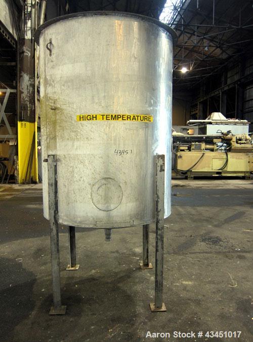 Used Tank, 750 Gallon, 304 Stainless Steel, Vertical. Approximate 55" diameter x 72" straight side. Open top, no cover, coned bottom. 2-1/2" Center bottom outlet. Mounted on 4 carbon steel legs, appr...
