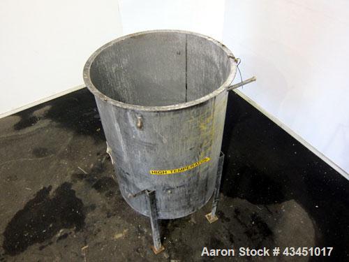 Used Tank, 750 Gallon, 304 Stainless Steel, Vertical. Approximate 55" diameter x 72" straight side. Open top, no cover, coned bottom. 2-1/2" Center bottom outlet. Mounted on 4 carbon steel legs, appr...