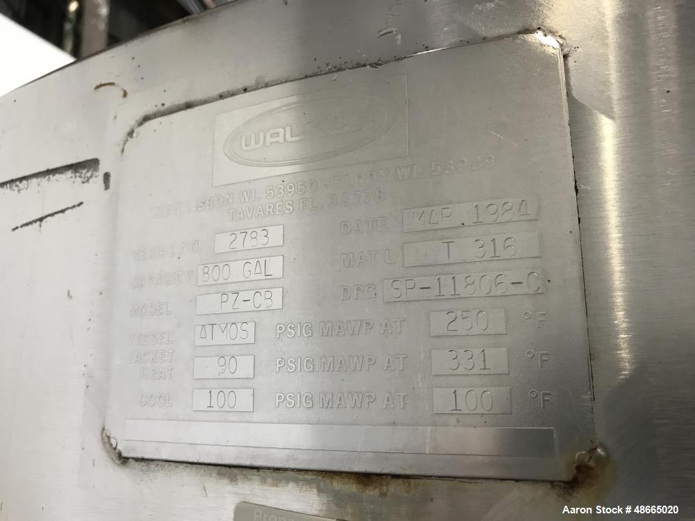 Used Walker Stainless Jacketed Tank, Model PZ-CB, 800 Gallon, 316 Stainless Ste