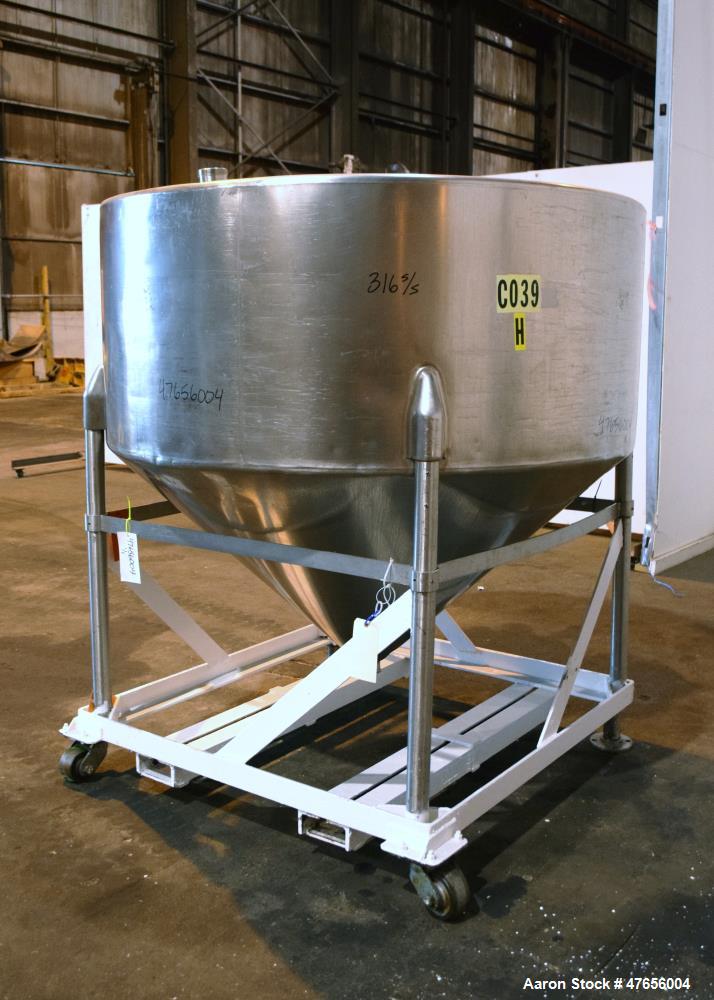 Used Perma-San Tank, 540 Gallon, Model CVC, 316 Stainless Steel, Vertical. 66" Diameter x 27" straight side, flat top, coned bottom. Openings top (2) 3" threaded, 17" man way with cover. 3" Tri-clamp...