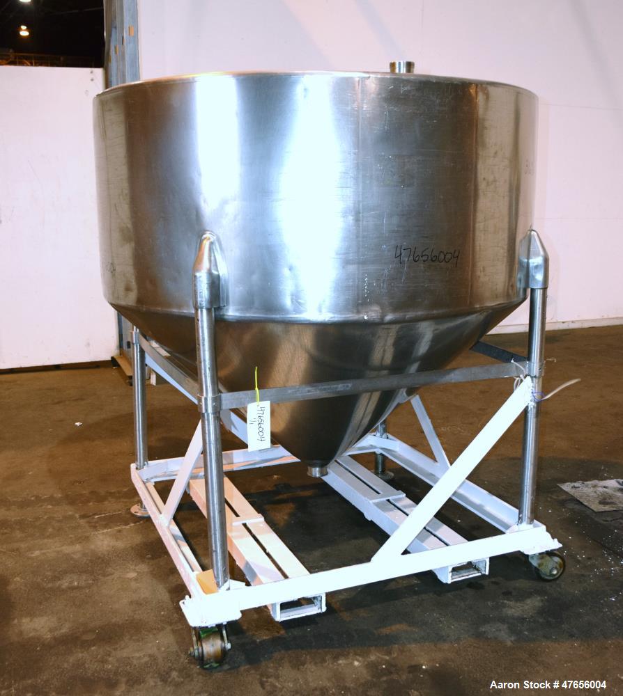 Used Perma-San Tank, 540 Gallon, Model CVC, 316 Stainless Steel, Vertical. 66" Diameter x 27" straight side, flat top, coned bottom. Openings top (2) 3" threaded, 17" man way with cover. 3" Tri-clamp...