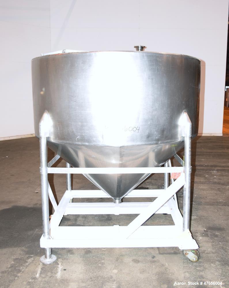 Used Perma-San Tank, 540 Gallon, Model CVC, 316 Stainless Steel, Vertical. 66" Diameter x 27" straight side, flat top, coned bottom. Openings top (2) 3" threaded, 17" man way with cover. 3" Tri-clamp...