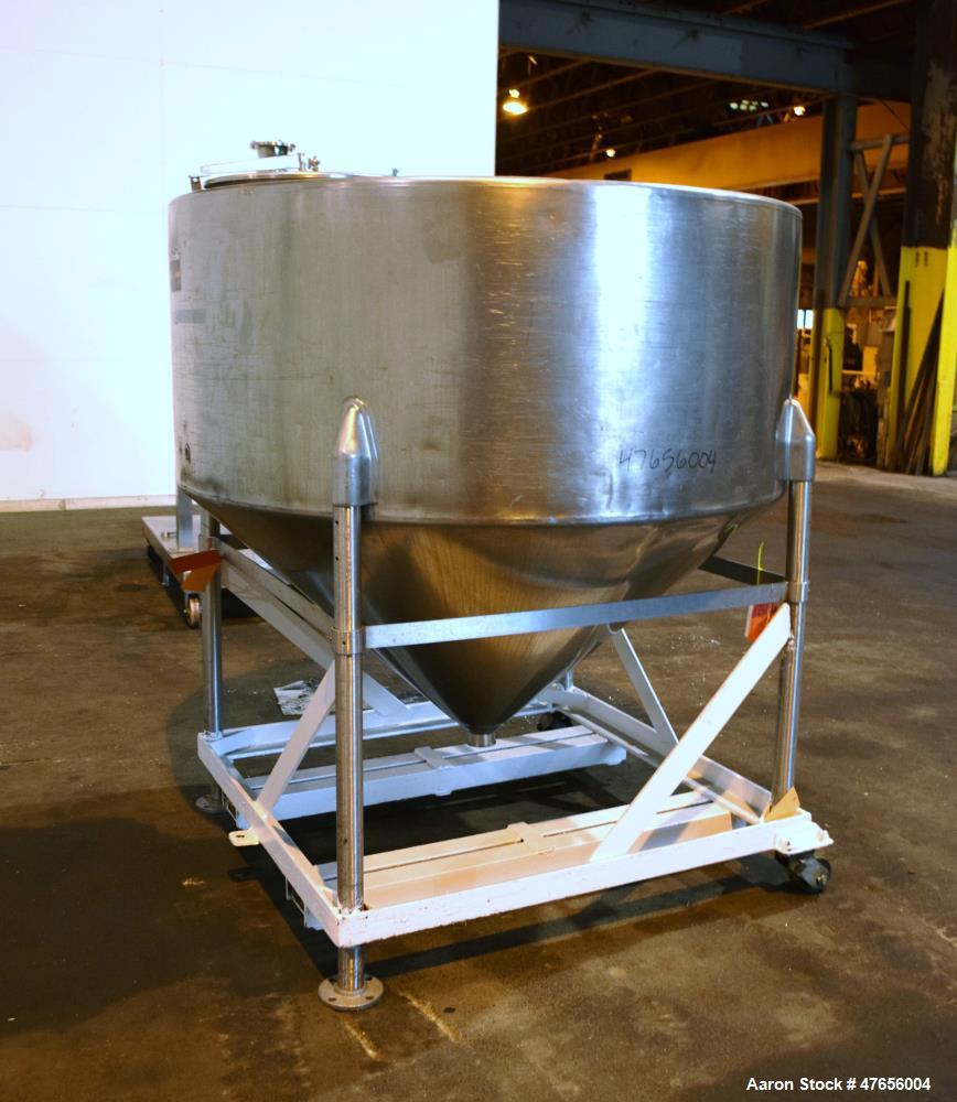Used Perma-San Tank, 540 Gallon, Model CVC, 316 Stainless Steel, Vertical. 66" Diameter x 27" straight side, flat top, coned bottom. Openings top (2) 3" threaded, 17" man way with cover. 3" Tri-clamp...