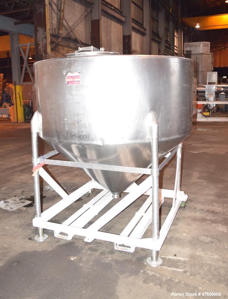 Used Perma-San Tank, 540 Gallon, Model CVC, 316 Stainless Steel, Vertical. 66" Diameter x 27" straight side, flat top, coned bottom. Openings top (2) 3" threaded, 17" man way with cover. 3" Tri-clamp...