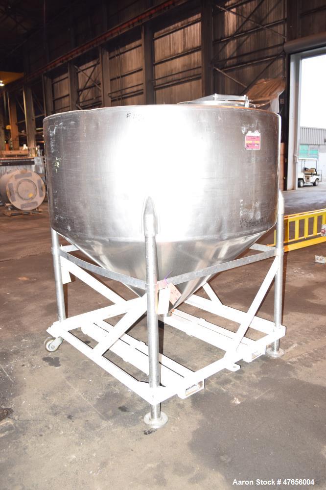 Used Perma-San Tank, 540 Gallon, Model CVC, 316 Stainless Steel, Vertical. 66" Diameter x 27" straight side, flat top, coned bottom. Openings top (2) 3" threaded, 17" man way with cover. 3" Tri-clamp...