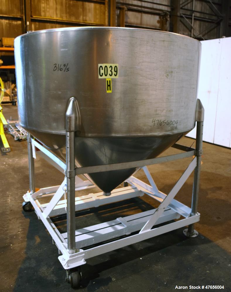 Used Perma-San Tank, 540 Gallon, Model CVC, 316 Stainless Steel, Vertical. 66" Diameter x 27" straight side, flat top, coned bottom. Openings top (2) 3" threaded, 17" man way with cover. 3" Tri-clamp...