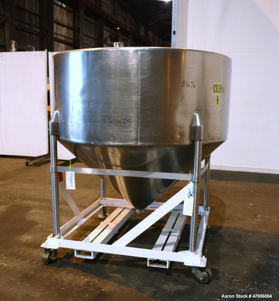 Used Perma-San Tank, 540 Gallon, Model CVC, 316 Stainless Steel, Vertical. 66" Diameter x 27" straight side, flat top, coned bottom. Openings top (2) 3" threaded, 17" man way with cover. 3" Tri-clamp...