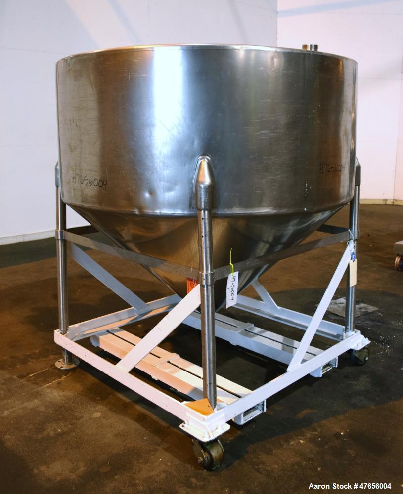 Used Perma-San Tank, 540 Gallon, Model CVC, 316 Stainless Steel, Vertical. 66" Diameter x 27" straight side, flat top, coned bottom. Openings top (2) 3" threaded, 17" man way with cover. 3" Tri-clamp...