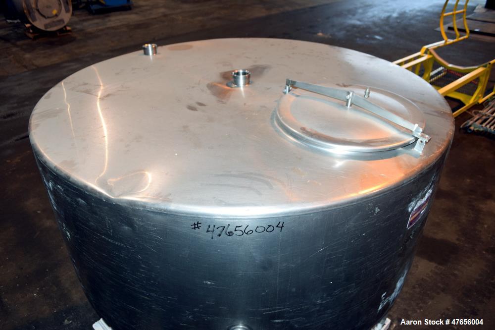 Used Perma-San Tank, 540 Gallon, Model CVC, 316 Stainless Steel, Vertical. 66" Diameter x 27" straight side, flat top, coned bottom. Openings top (2) 3" threaded, 17" man way with cover. 3" Tri-clamp...