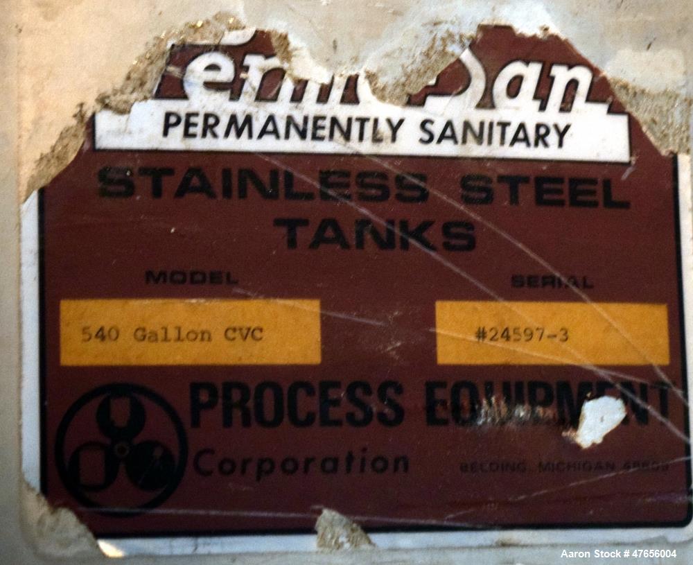 Used Perma-San Tank, 540 Gallon, Model CVC, 316 Stainless Steel, Vertical. 66" Diameter x 27" straight side, flat top, coned bottom. Openings top (2) 3" threaded, 17" man way with cover. 3" Tri-clamp...
