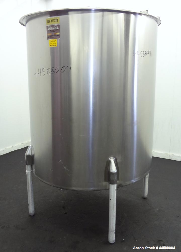 Used Perma-San Tank, 525 Gallon, Model OVS, 316 Stainless Steel, Vertical. Approximately 52” diameter x 58” straight side, open top with (2) 1/3 hinged covers, sloped bottom.  Provision for a clamp-o...