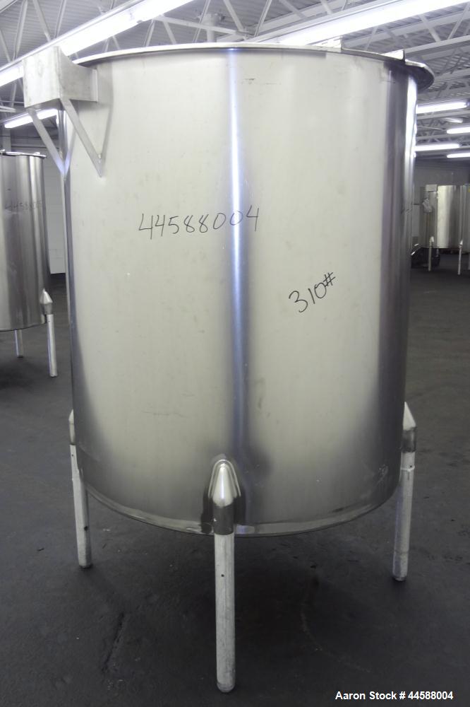 Used Perma-San Tank, 525 Gallon, Model OVS, 316 Stainless Steel, Vertical. Approximately 52” diameter x 58” straight side, open top with (2) 1/3 hinged covers, sloped bottom.  Provision for a clamp-o...