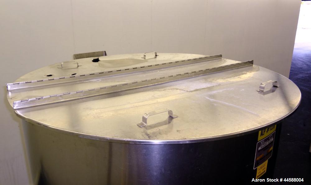 Used Perma-San Tank, 525 Gallon, Model OVS, 316 Stainless Steel, Vertical. Approximately 52” diameter x 58” straight side, open top with (2) 1/3 hinged covers, sloped bottom.  Provision for a clamp-o...