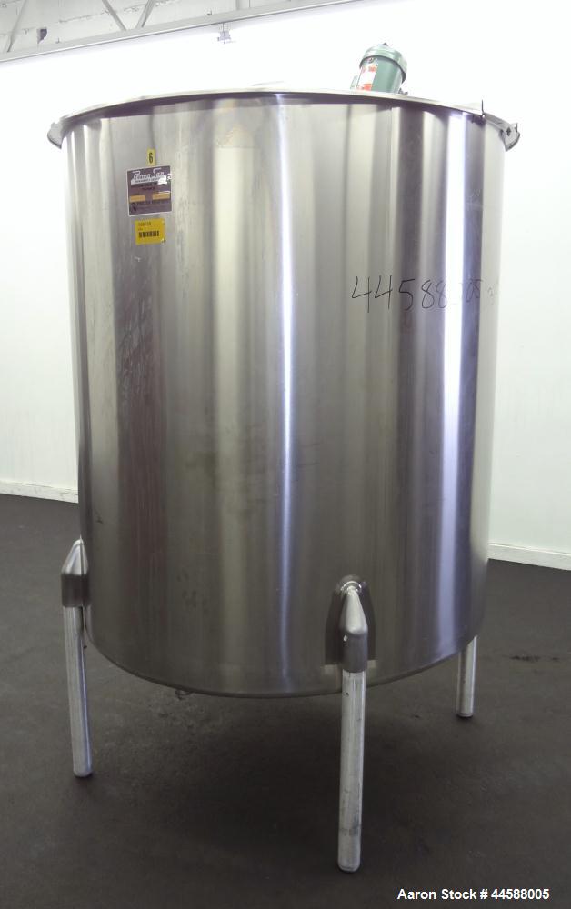Used Perma-San Tank, 525 Gallon, Model OVS, 316 Stainless Steel, Vertical. Approximate 52” diameter x 58” straight side, Open top with (2) 1/3 hinged covers, sloped bottom. Clamp on Lightnin agitator...