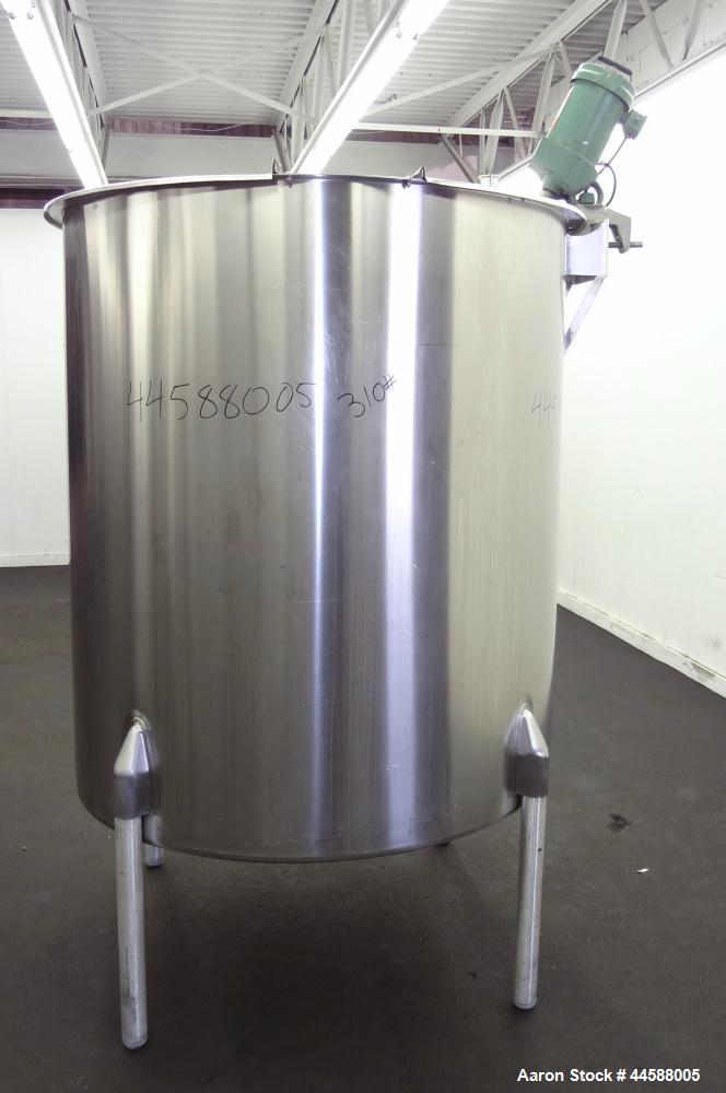 Used Perma-San Tank, 525 Gallon, Model OVS, 316 Stainless Steel, Vertical. Approximate 52” diameter x 58” straight side, Open top with (2) 1/3 hinged covers, sloped bottom. Clamp on Lightnin agitator...