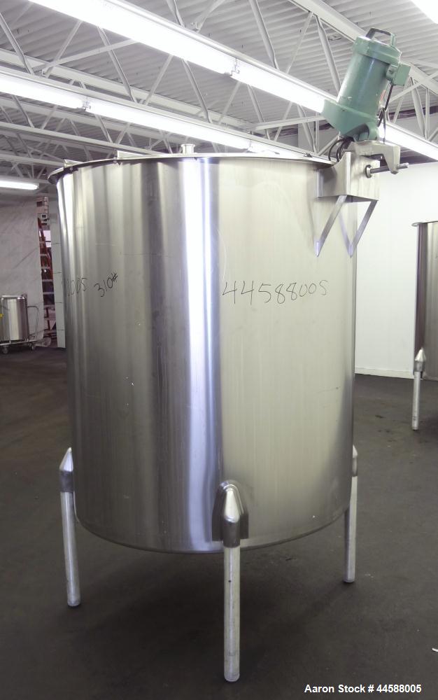 Used Perma-San Tank, 525 Gallon, Model OVS, 316 Stainless Steel, Vertical. Approximate 52” diameter x 58” straight side, Open top with (2) 1/3 hinged covers, sloped bottom. Clamp on Lightnin agitator...