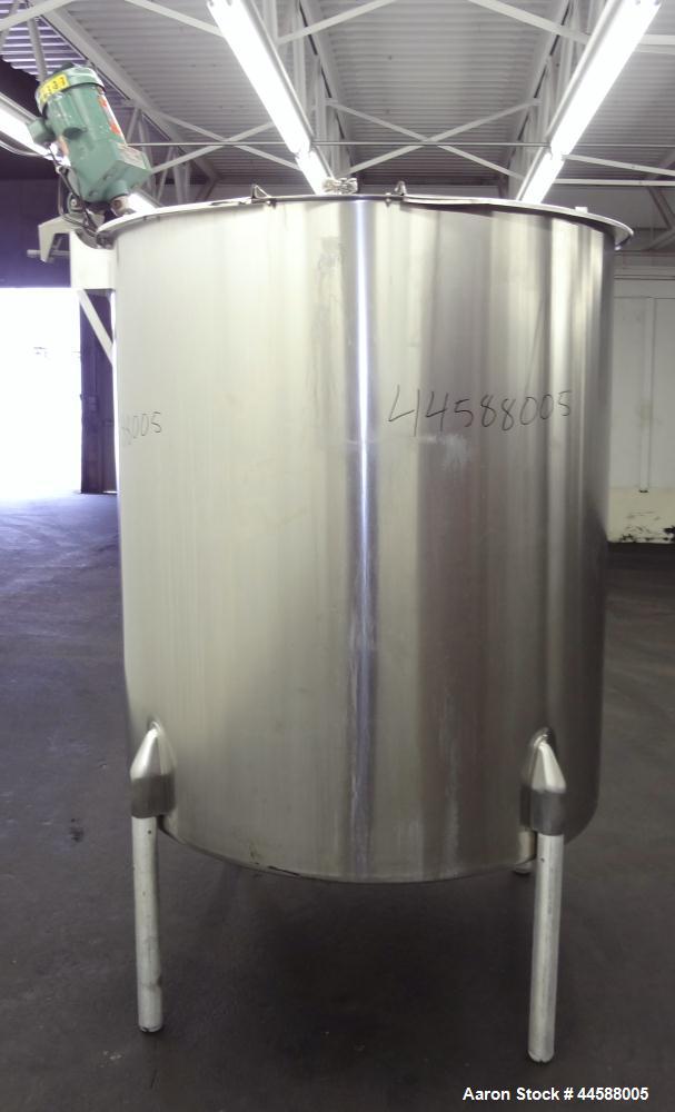Used Perma-San Tank, 525 Gallon, Model OVS, 316 Stainless Steel, Vertical. Approximate 52” diameter x 58” straight side, Open top with (2) 1/3 hinged covers, sloped bottom. Clamp on Lightnin agitator...