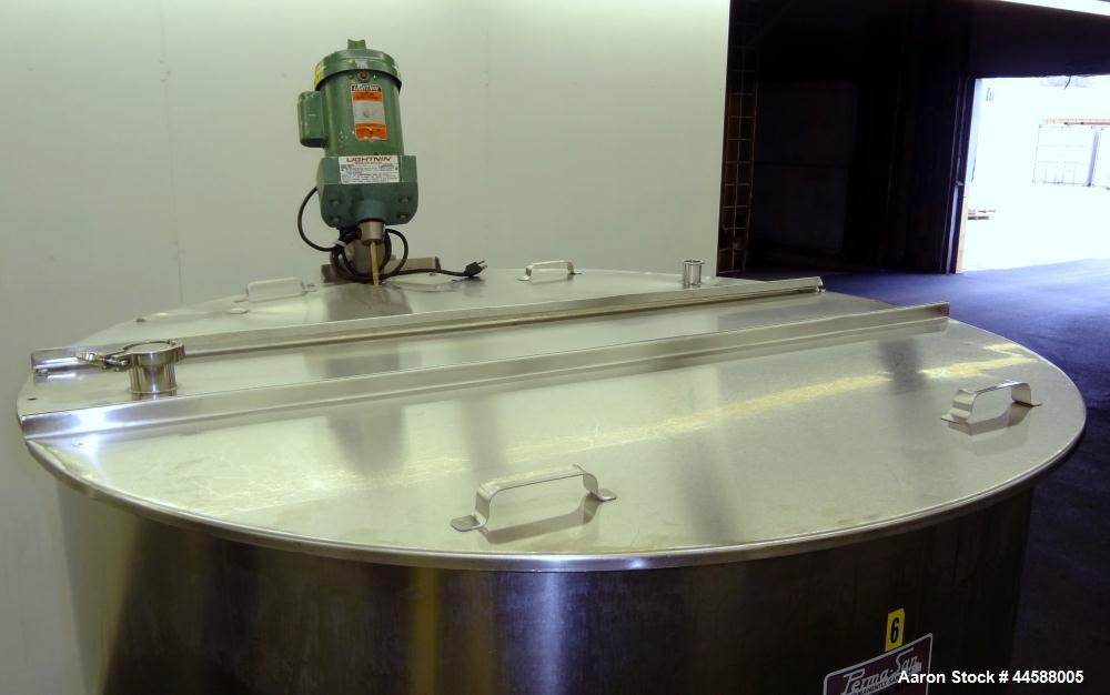 Used Perma-San Tank, 525 Gallon, Model OVS, 316 Stainless Steel, Vertical. Approximate 52” diameter x 58” straight side, Open top with (2) 1/3 hinged covers, sloped bottom. Clamp on Lightnin agitator...