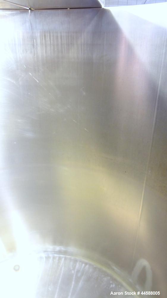 Used Perma-San Tank, 525 Gallon, Model OVS, 316 Stainless Steel, Vertical. Approximate 52” diameter x 58” straight side, Open top with (2) 1/3 hinged covers, sloped bottom. Clamp on Lightnin agitator...