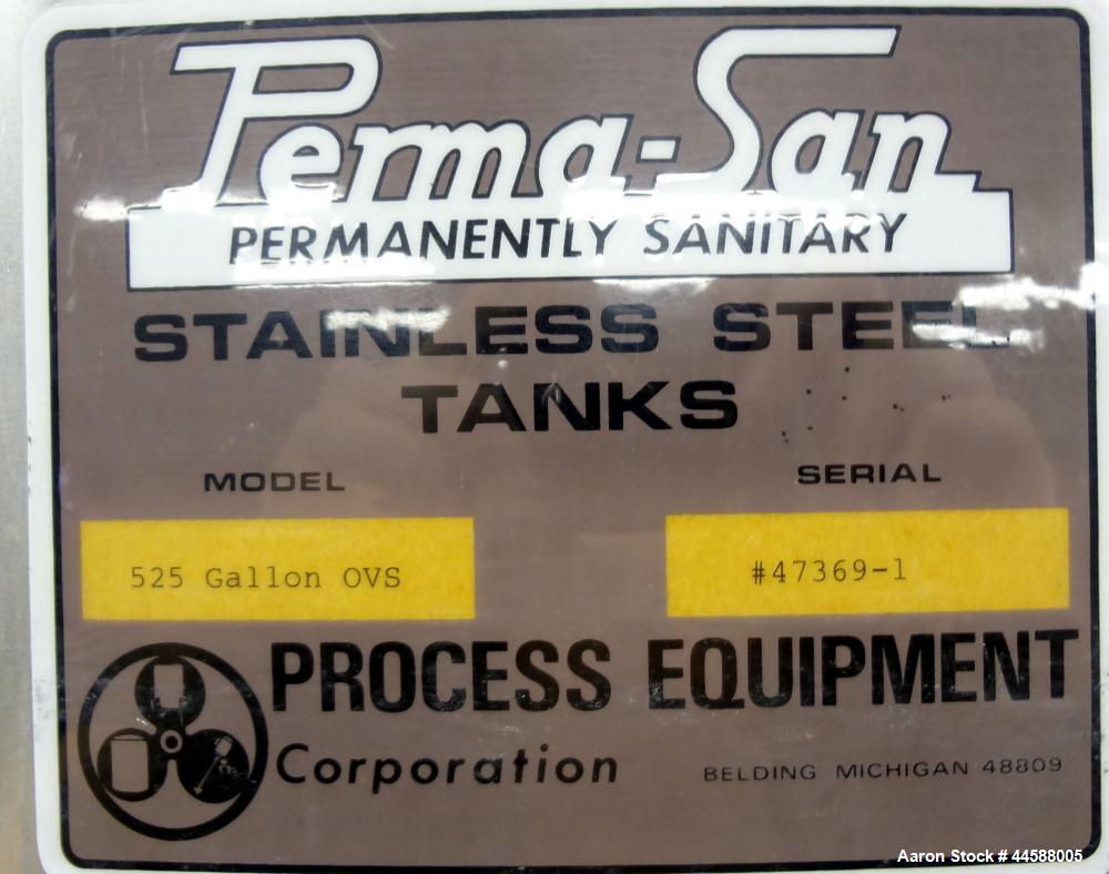 Used Perma-San Tank, 525 Gallon, Model OVS, 316 Stainless Steel, Vertical. Approximate 52” diameter x 58” straight side, Open top with (2) 1/3 hinged covers, sloped bottom. Clamp on Lightnin agitator...