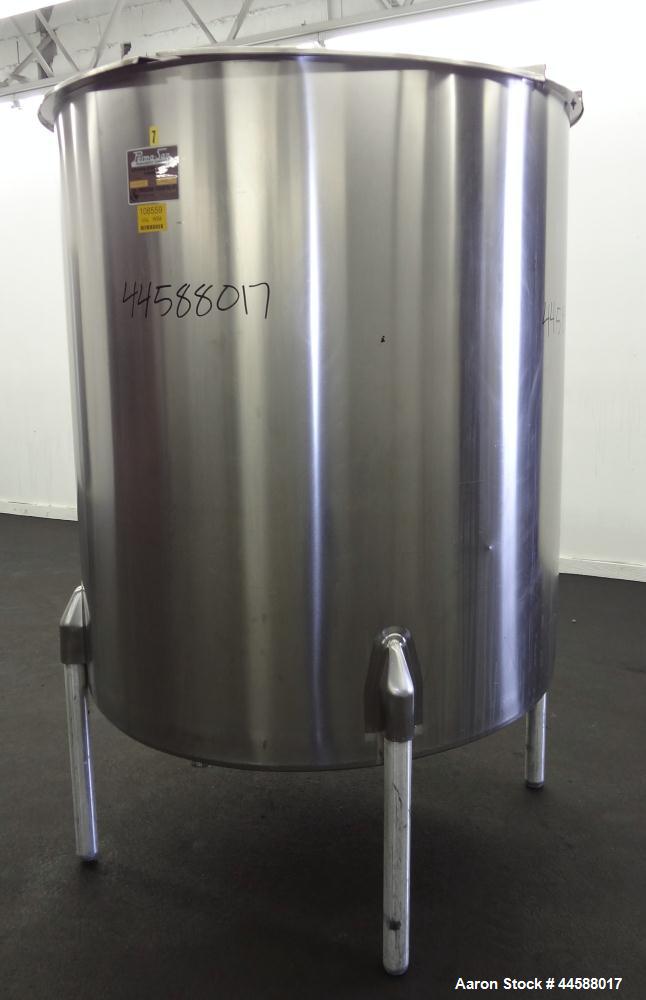 Used Perma-San Tank, 525 Gallon, Model OVS, 316 Stainless Steel, Vertical. Approximate 52” diameter x 58” straight side, Open top with (2) 1/3 covers, sloped bottom. Provision for a clamp on agitator...
