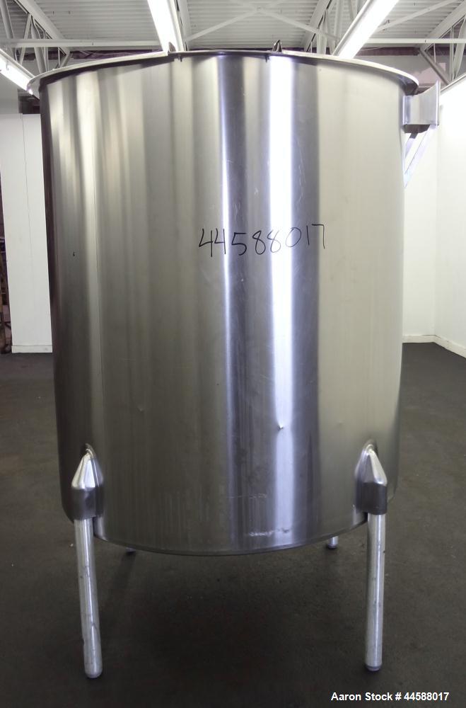 Used Perma-San Tank, 525 Gallon, Model OVS, 316 Stainless Steel, Vertical. Approximate 52” diameter x 58” straight side, Open top with (2) 1/3 covers, sloped bottom. Provision for a clamp on agitator...