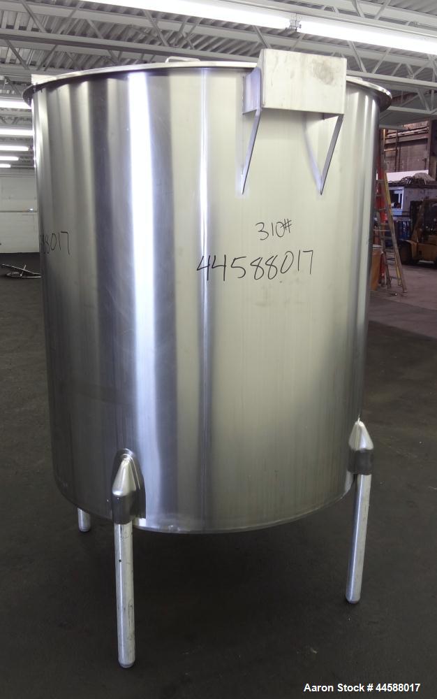 Used Perma-San Tank, 525 Gallon, Model OVS, 316 Stainless Steel, Vertical. Approximate 52” diameter x 58” straight side, Open top with (2) 1/3 covers, sloped bottom. Provision for a clamp on agitator...