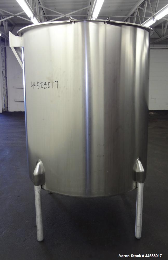 Used Perma-San Tank, 525 Gallon, Model OVS, 316 Stainless Steel, Vertical. Approximate 52” diameter x 58” straight side, Open top with (2) 1/3 covers, sloped bottom. Provision for a clamp on agitator...