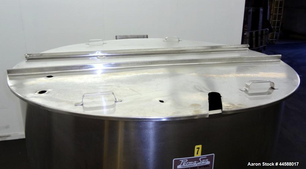Used Perma-San Tank, 525 Gallon, Model OVS, 316 Stainless Steel, Vertical. Approximate 52” diameter x 58” straight side, Open top with (2) 1/3 covers, sloped bottom. Provision for a clamp on agitator...