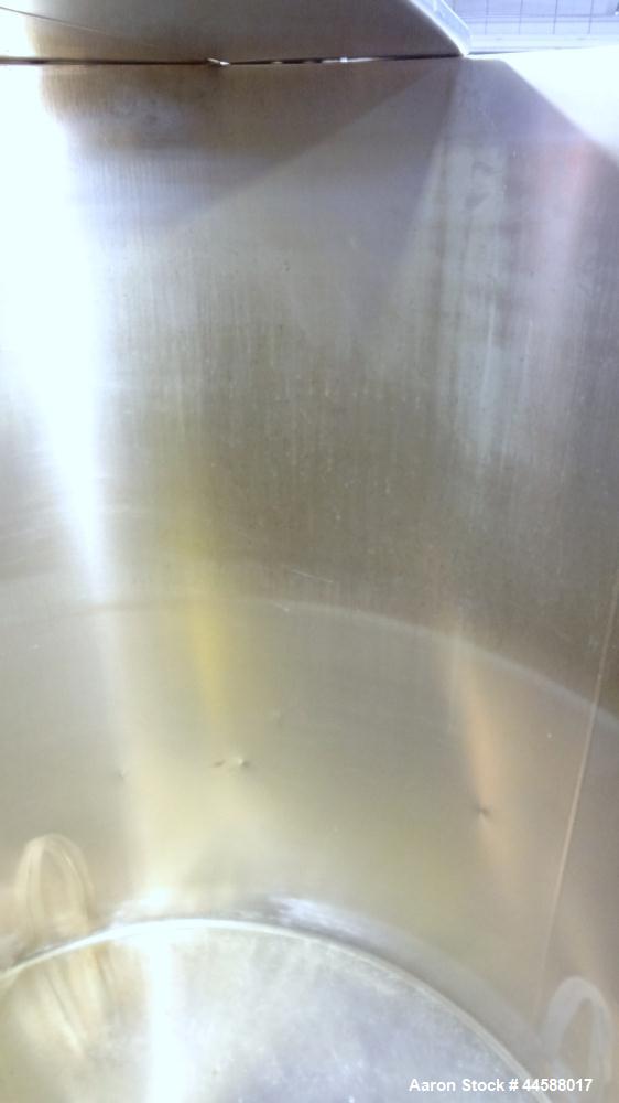 Used Perma-San Tank, 525 Gallon, Model OVS, 316 Stainless Steel, Vertical. Approximate 52” diameter x 58” straight side, Open top with (2) 1/3 covers, sloped bottom. Provision for a clamp on agitator...
