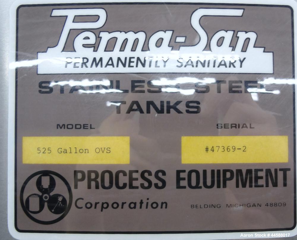 Used Perma-San Tank, 525 Gallon, Model OVS, 316 Stainless Steel, Vertical. Approximate 52” diameter x 58” straight side, Open top with (2) 1/3 covers, sloped bottom. Provision for a clamp on agitator...