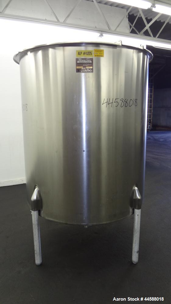 Used Perma-San Tank, 525 Gallons, Model OVS, 316 Stainless Steel, Vertical. Approximately 52” diameter x 58” straight side, open top with (2) 1/3 covers, sloped bottom.  Provision for a clamp-on agit...