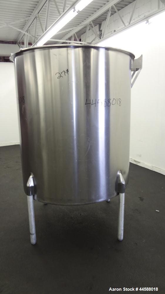 Used Perma-San Tank, 525 Gallons, Model OVS, 316 Stainless Steel, Vertical. Approximately 52” diameter x 58” straight side, open top with (2) 1/3 covers, sloped bottom.  Provision for a clamp-on agit...