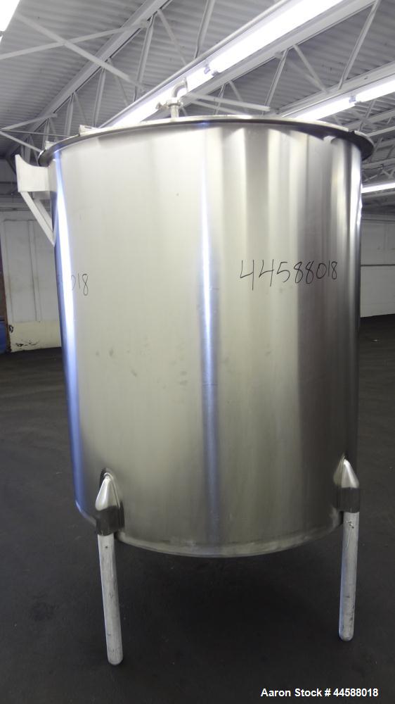 Used Perma-San Tank, 525 Gallons, Model OVS, 316 Stainless Steel, Vertical. Approximately 52” diameter x 58” straight side, open top with (2) 1/3 covers, sloped bottom.  Provision for a clamp-on agit...