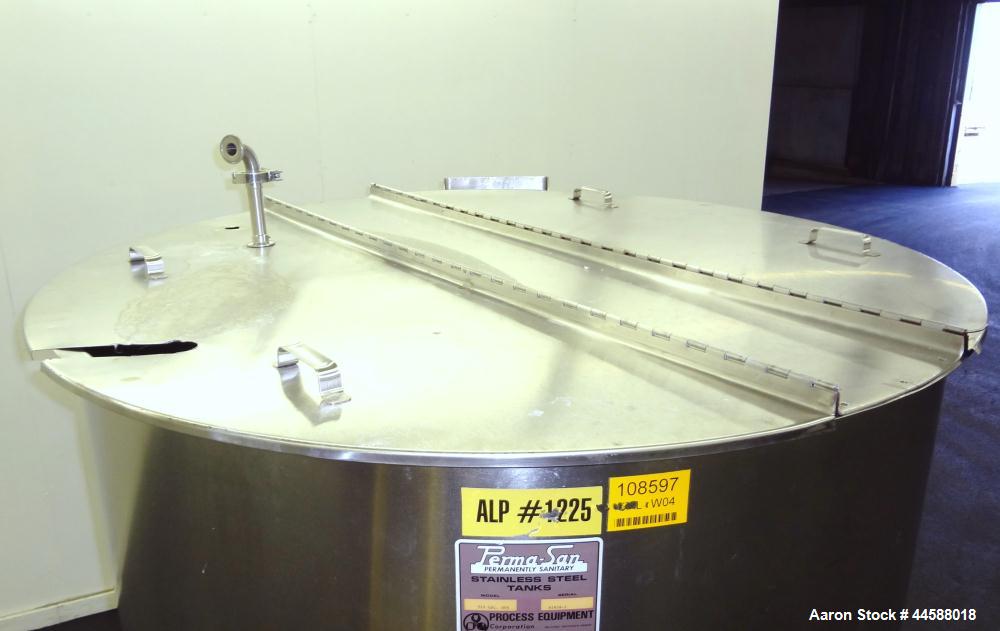 Used Perma-San Tank, 525 Gallons, Model OVS, 316 Stainless Steel, Vertical. Approximately 52” diameter x 58” straight side, open top with (2) 1/3 covers, sloped bottom.  Provision for a clamp-on agit...