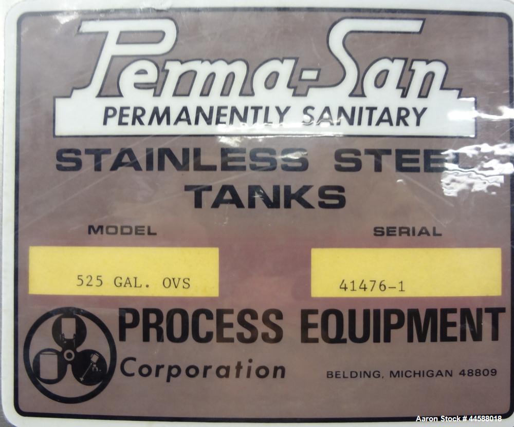 Used Perma-San Tank, 525 Gallons, Model OVS, 316 Stainless Steel, Vertical. Approximately 52” diameter x 58” straight side, open top with (2) 1/3 covers, sloped bottom.  Provision for a clamp-on agit...