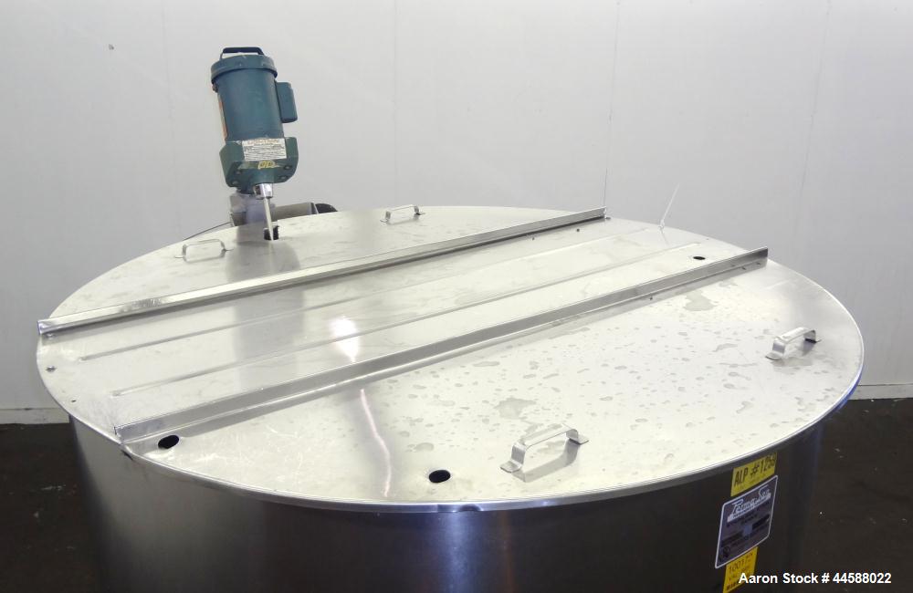 Used Perma-San Tank, 650 Gallons, Model OVS, 316 Stainless Steel, Vertical. Approximately 62" diameter x 51" straight side, open top with (2) 1/3 covers, sloped bottom. Lightnin clamp-on agitator, mo...