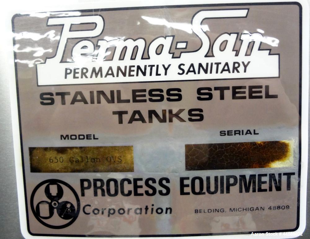 Used Perma-San Tank, 650 Gallons, Model OVS, 316 Stainless Steel, Vertical. Approximately 62" diameter x 51" straight side, open top with (2) 1/3 covers, sloped bottom. Lightnin clamp-on agitator, mo...