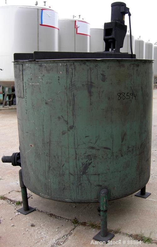 USED: Perry tank, 500 gallon, 304 stainless steel, vertical. 56"diameter x 51" deep. Open top, dish bottom. Top mounted carbon steelagitator bridge with a 1-1/2" diameter shaft and three blade propdr...